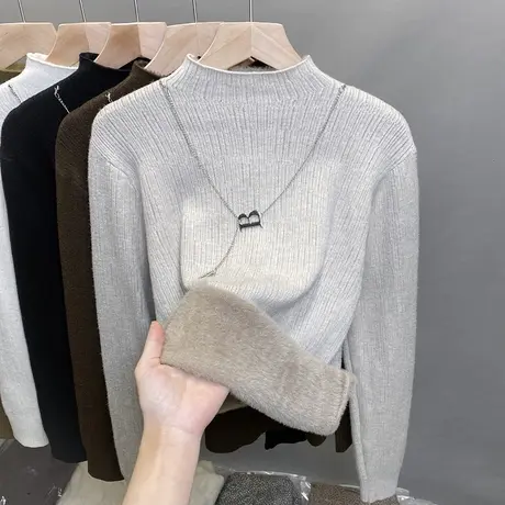 一体绒半高领毛衣女加绒加厚打底衫2023秋冬新款针织衫内搭上衣潮商品大图
