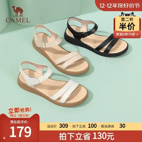 骆驼女鞋2023夏季新款一字带凉鞋女平底舒适真皮妈妈凉鞋女软底图片