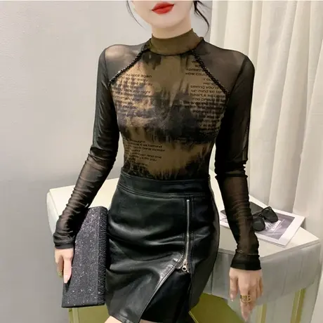 欧货网纱拼接加绒打底衫长袖秋冬2024新款时尚钉珠内塔上衣女T恤商品大图