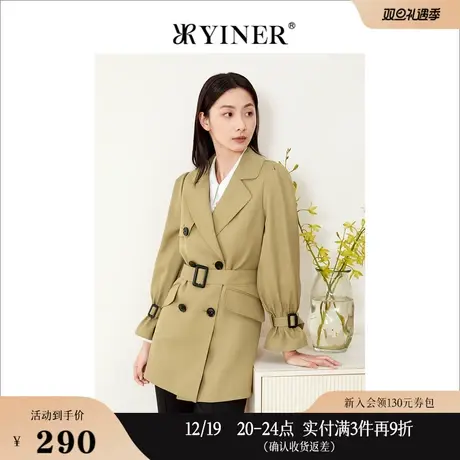 *Goodland美地女装秋季简约袖袢双排扣收腰风衣商品大图