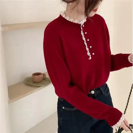 本命年红色毛衣女蕾丝领2024年半高领内搭针织衫女士外套春装新款商品大图