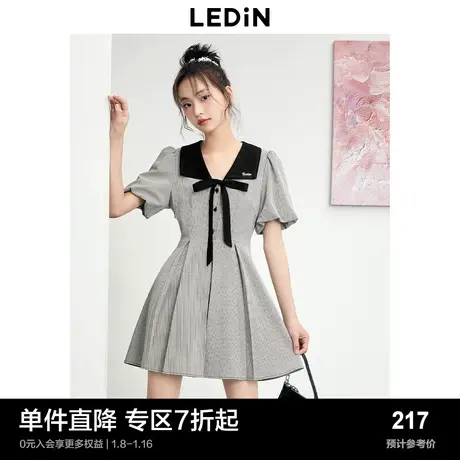 乐町大翻领蝴蝶结甜美连衣裙女夏季通勤格纹显瘦百褶裙图片