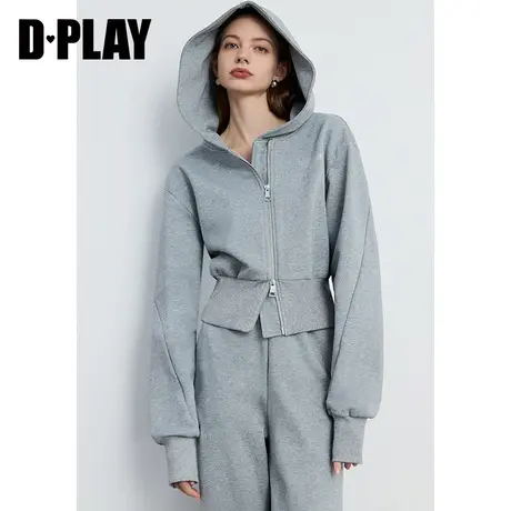 DPLAY2025春季灰色卫衣女连帽落肩长袖宽松时尚休闲烫钻运动套装商品大图