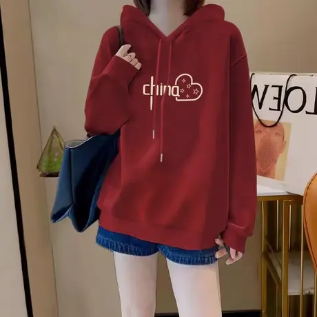2024龙年本命年酒红色连帽卫衣新款秋冬季加绒加厚中长款超厚上衣商品大图