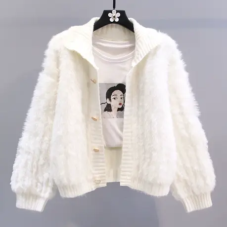 小香风水貂绒毛衣外套女冬季2024新款宽松高级感软糯减龄针织开衫商品大图