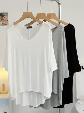 大V领莫代尔T恤女夏前短后长遮屁股大码上衣七分袖防晒衣运动罩衫商品大图