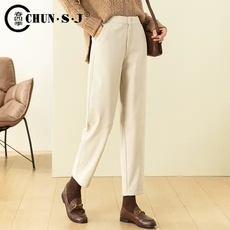 锥形毛呢哈伦裤女2023新款休闲米色裤子秋冬季西装裤高腰萝卜裤商品大图