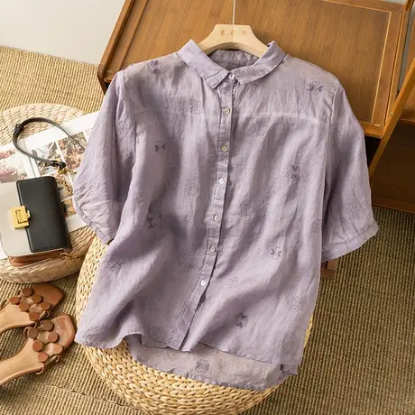 享永子短袖苎麻衬衫女文艺复古棉麻上衣刺绣宽松休闲小衫2023新款商品大图