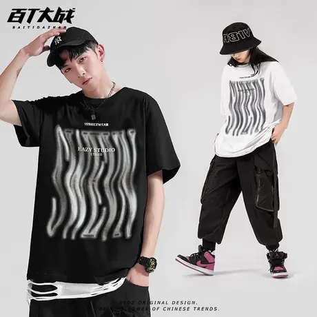 重磅美式高街短袖T恤男女波纹虚幻设计感文字印花宽松潮牌圆领tee图片