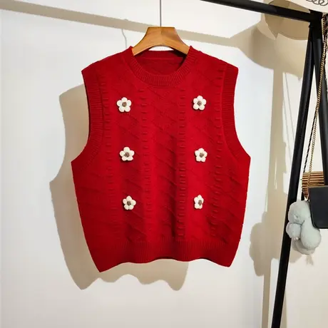 学院风针织马甲女2024春装新款宽松圆领百搭立体花朵毛衣背心外穿商品大图