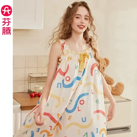 芬腾纯棉睡裙女夏季吊带甜美少女中裙薄款全棉可爱休闲家居服睡衣商品大图