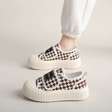 小众千鸟格魔术贴帆布鞋女2023春季新款百搭休闲小香风厚底饼干鞋图片