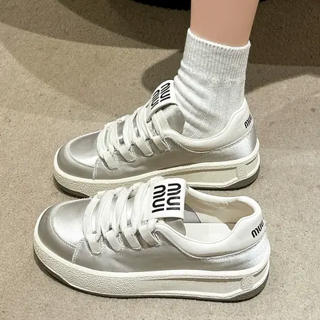 厚底缎面休闲板鞋女2024新款丝绸运动鞋增高系带小众绸缎小白鞋女商品大图