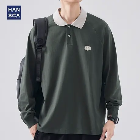 hansca 长袖t恤男士春季新款宽松翻领Polo衫潮牌纯棉重磅套头卫衣图片