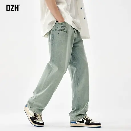 男生浅蓝色直筒牛仔裤男款美式高街裤子男士2024新款阔腿裤休闲裤商品大图