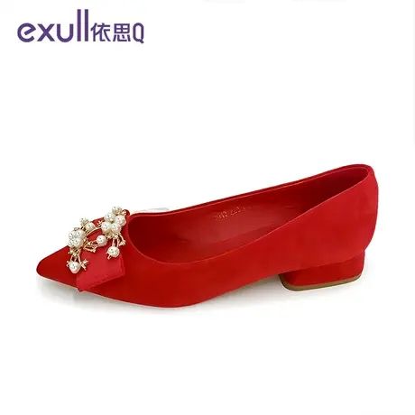 exull/依思Q红色婚鞋女2024年单鞋粗跟尖头中式秀禾新娘鞋软底图片