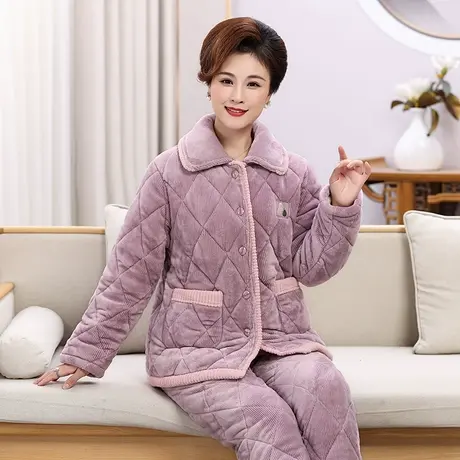 婷美中老年睡衣女秋冬季三层夹棉长毛绒保暖冬款外穿家居服两件套图片
