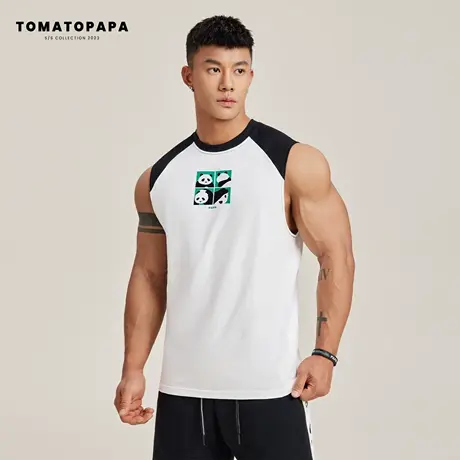 TOMATOPAPA夏季插肩背心23年新款可爱熊猫宝宝表情包印花简约上衣商品大图