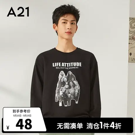 A21outlets男装宽松圆领落肩长袖美式黑色秋季男士情侣潮女生卫衣图片