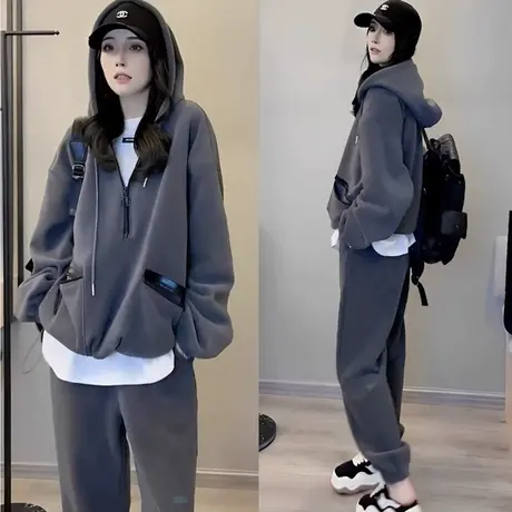 春季新款套装女韩版连帽卫衣宽松大码胖mm束脚运动服两件套200斤图片