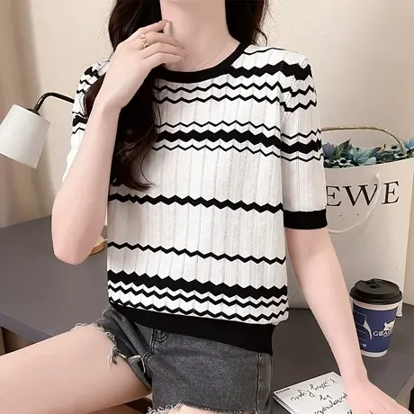 法式条纹2023夏季新款冰丝针织衫女打底内搭T恤女短袖洋气上衣薄商品大图