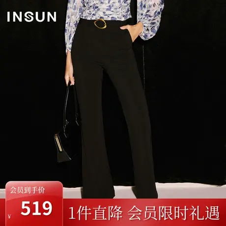 恩裳COVER2023秋季新款亲肤弹力立体裁剪中高腰休闲裤黑色喇叭裤商品大图