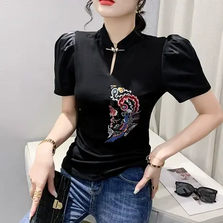 复古中式立领T恤女短袖2023夏装新款时尚泡泡袖上衣洋气刺绣小衫商品大图