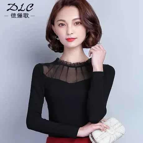 莫代尔上衣半高领网纱T恤蕾丝打底衫女春秋百搭薄款黑色洋气小衫商品大图