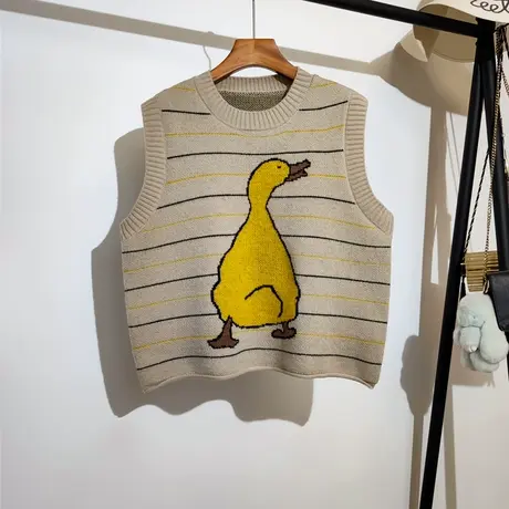 小黄鸭条纹针织马甲女秋冬新款宽松圆领叠穿无袖坎肩毛衣背心外穿商品大图