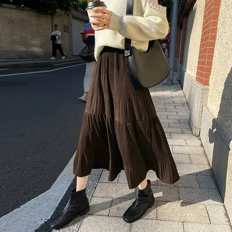 2023秋冬季新款金丝绒百褶裙子中长款灯芯绒半身裙女a字半裙伞裙图片