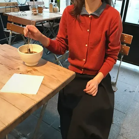 百洛安翻领长袖针织衫女装拼色简约百搭毛衣秋季新品短款开衫上衣图片