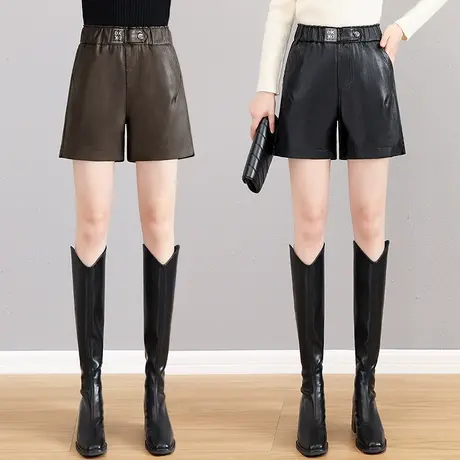 PU皮短裤女秋装2023新款松紧高腰A字显瘦阔腿短裤宽松外穿靴裤潮商品大图