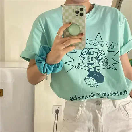 红续2023早春新款原创小女孩卡通可爱纯棉短袖t恤上衣ins潮百搭图片