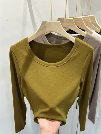 简约圆领长袖T恤螺纹针织短款上衣女2023年早秋新款T恤修身打底衫商品大图