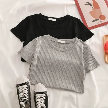 纯色短袖t恤女夏天2021年新款学生闺蜜装修身短款半袖上衣服潮ins商品大图