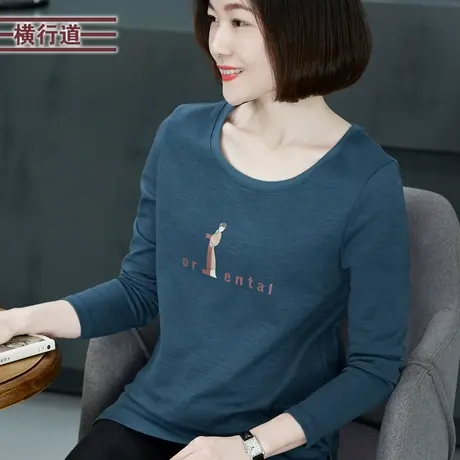 纯棉印花竹节棉休闲宽松妈妈中年冬装打底衫圆领长袖t恤上衣女装商品大图