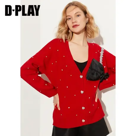 DPLAY【黑标】春新甜美圣诞红撞色立体蝴蝶结装饰毛衣开衫商品大图