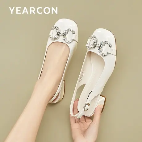 意尔康水钻中粗跟包头凉鞋2023春秋季温柔晚晚风法式玛丽珍女单鞋商品大图