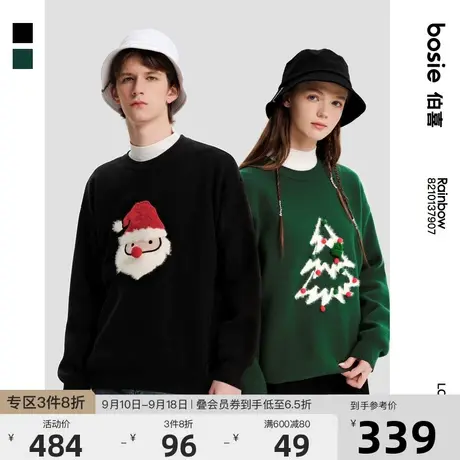 bosie2023年秋冬圣诞节印花情侣毛衣时尚百搭宽松圆领针织衫男女商品大图