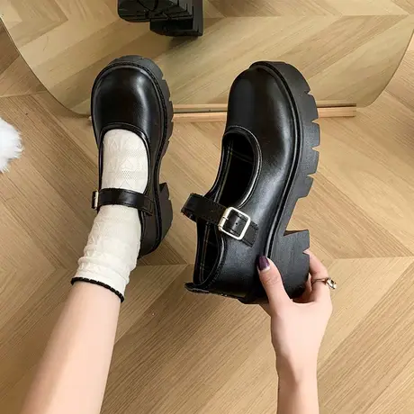 粗跟圆头浅口软妹一字扣带复古小皮鞋女秋季新款2023萝莉制服单鞋图片