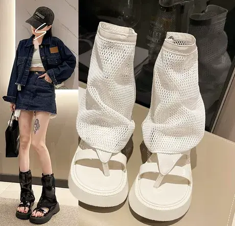 小众设计感厚底凉靴女2023夏季新款小个子增高网面透气夹趾罗马鞋图片