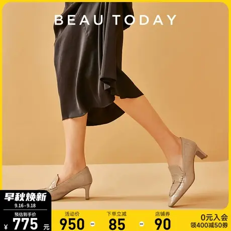 BeauToday中跟单鞋女BT英伦风小皮鞋春季尖头黑色高跟鞋粗跟真皮图片