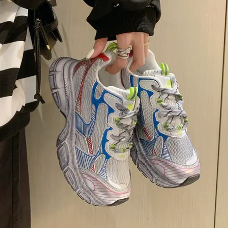 欧货美式复古银色老爹鞋女2023春季新款厚底小个子增高休闲运动鞋商品大图