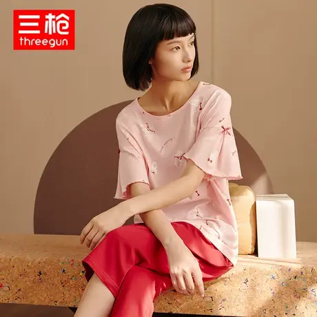 三枪家居服纯棉女春夏短袖中裤妈妈大码全棉透气睡衣睡裤套装商品大图