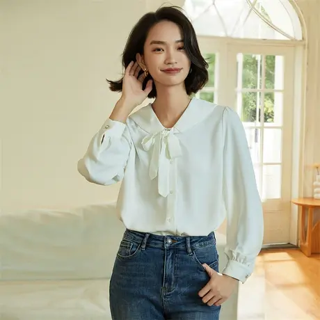阿依莲雪纺白衬衫秋季2023新款女装飘带长袖衬衣别致漂亮小衫上衣图片