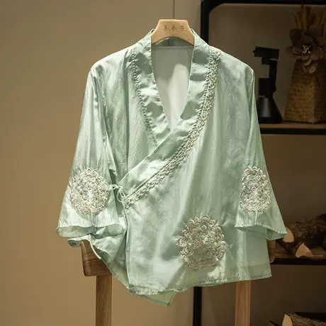 享永子七分袖刺绣天丝茶服文艺复古国风上衣宽松斜襟2023夏季新款图片