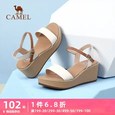骆驼女鞋夏季新款一字带露趾真皮高跟凉鞋女罗马坡跟凉鞋女图片