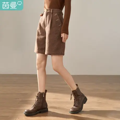 【商场同款】茵曼冬女装新款前腰打褶撞色凤眼设计中高腰短裤图片
