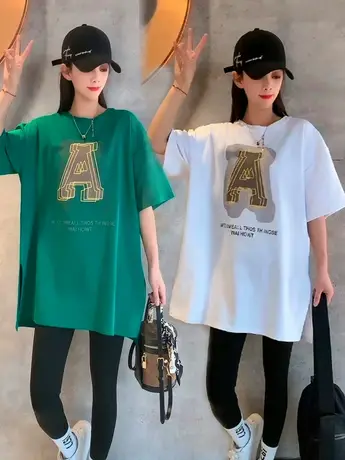 爆款A字开叉短袖T恤女2023夏季新款宽松遮肚子休闲半袖上衣外穿潮商品大图