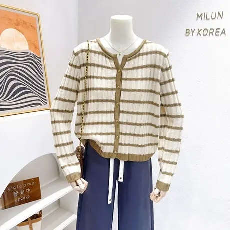 2023秋季新款韩国东大门chic小香风法式气质针织毛衣开衫条纹外套商品大图